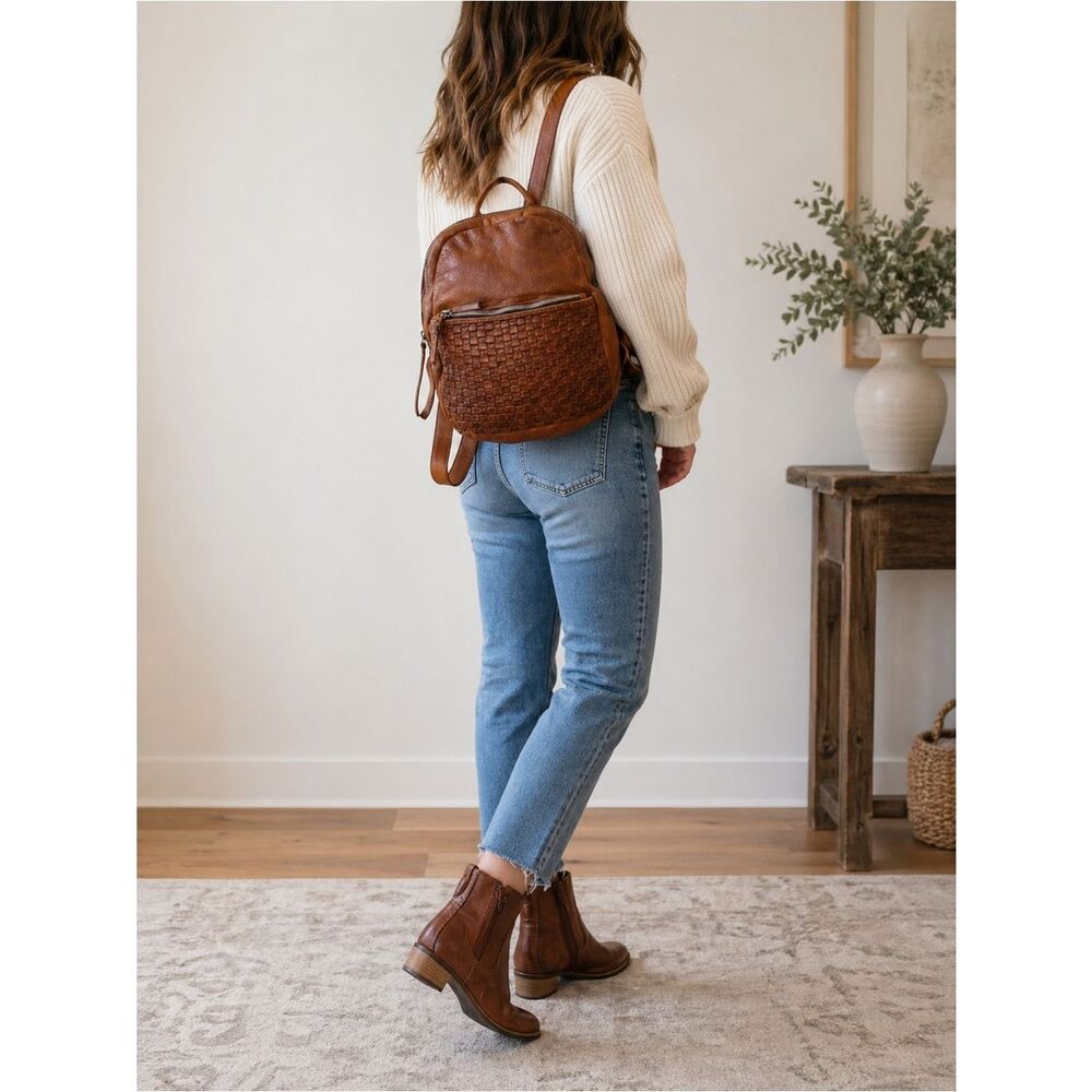 Vilenca Holland Genuine Leather Woven Backpack Cognac Brown
